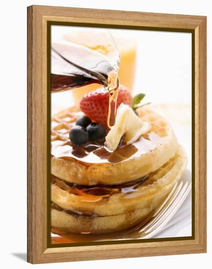 Pouring Maple Syrup over Waffles with Butter and Berries-null-Framed Premier Image Canvas