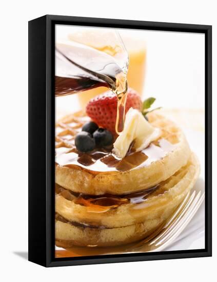 Pouring Maple Syrup over Waffles with Butter and Berries-null-Framed Premier Image Canvas