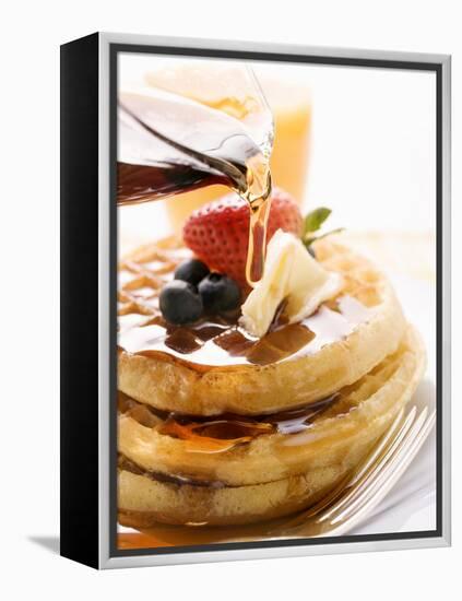 Pouring Maple Syrup over Waffles with Butter and Berries-null-Framed Premier Image Canvas