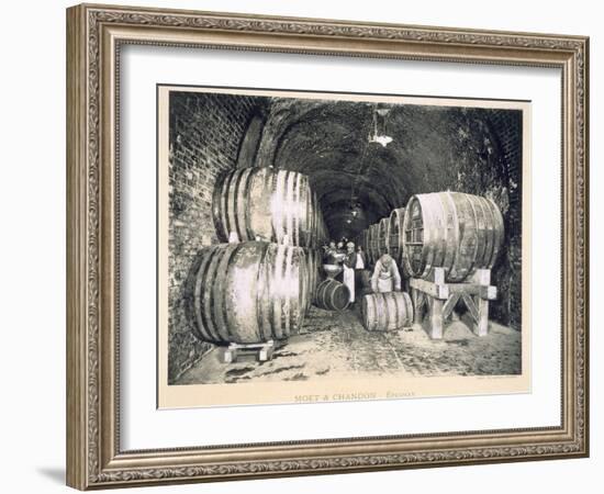 Pouring the Wine into the Barrels, from 'Le France Vinicole', Pub. by Moet and Chandon, Epernay-E.M. Choque-Framed Giclee Print