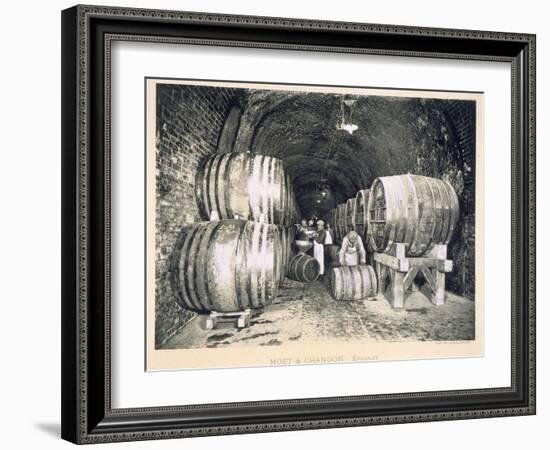 Pouring the Wine into the Barrels, from 'Le France Vinicole', Pub. by Moet and Chandon, Epernay-E.M. Choque-Framed Giclee Print