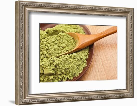 Powdered Green Tea Matcha in Spoon on Wood Table Surface close Up-Madlen-Framed Photographic Print