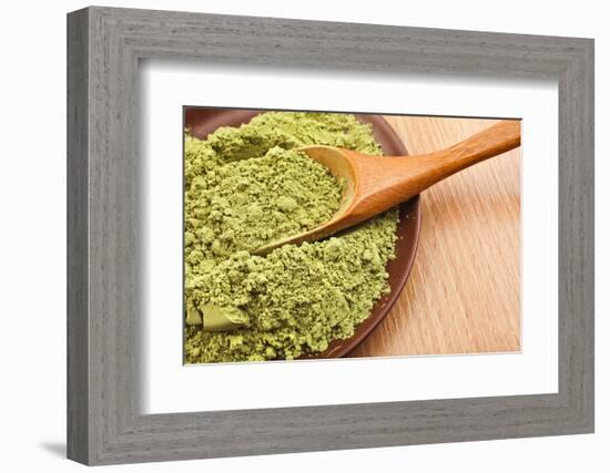 Powdered Green Tea Matcha in Spoon on Wood Table Surface close Up-Madlen-Framed Photographic Print