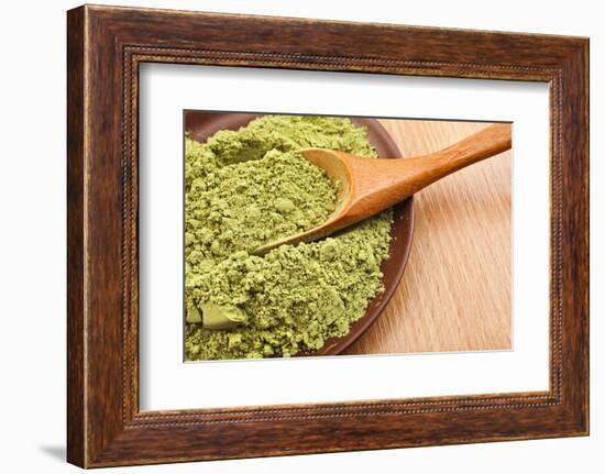 Powdered Green Tea Matcha in Spoon on Wood Table Surface close Up-Madlen-Framed Photographic Print