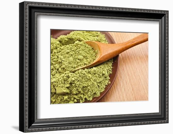 Powdered Green Tea Matcha in Spoon on Wood Table Surface close Up-Madlen-Framed Photographic Print