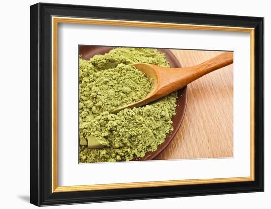 Powdered Green Tea Matcha in Spoon on Wood Table Surface close Up-Madlen-Framed Photographic Print