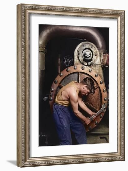 Power House Mechanic Working on Steam Pump C.1920 (Coloured Photo)-Lewis Wickes Hine-Framed Giclee Print