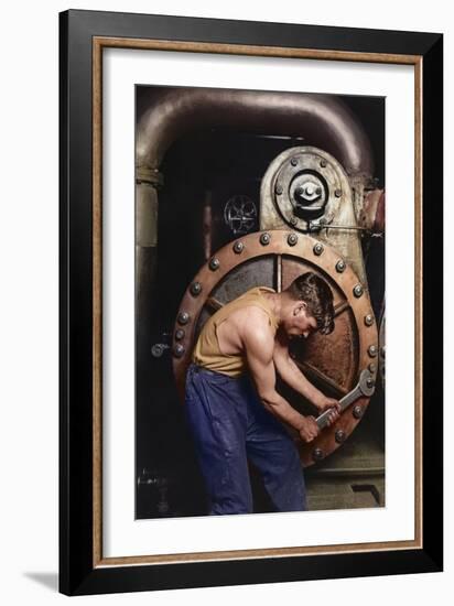 Power House Mechanic Working on Steam Pump C.1920 (Coloured Photo)-Lewis Wickes Hine-Framed Giclee Print