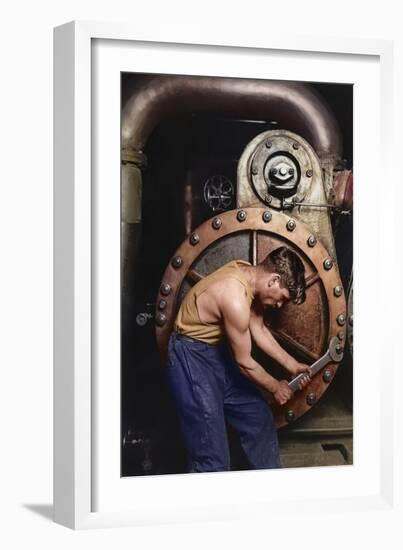 Power House Mechanic Working on Steam Pump C.1920 (Coloured Photo)-Lewis Wickes Hine-Framed Giclee Print