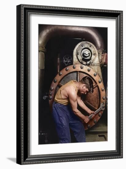 Power House Mechanic Working on Steam Pump C.1920 (Coloured Photo)-Lewis Wickes Hine-Framed Giclee Print