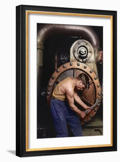 Power House Mechanic Working on Steam Pump C.1920 (Coloured Photo)-Lewis Wickes Hine-Framed Giclee Print