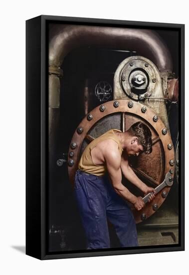 Power House Mechanic Working on Steam Pump C.1920 (Coloured Photo)-Lewis Wickes Hine-Framed Premier Image Canvas