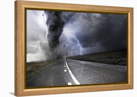 Powerful Tornado - Destroying Property with Lightning in the Background-Solarseven-Framed Stretched Canvas