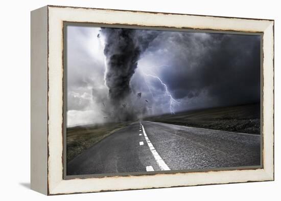 Powerful Tornado - Destroying Property with Lightning in the Background-Solarseven-Framed Stretched Canvas