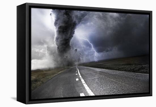 Powerful Tornado - Destroying Property with Lightning in the Background-Solarseven-Framed Stretched Canvas