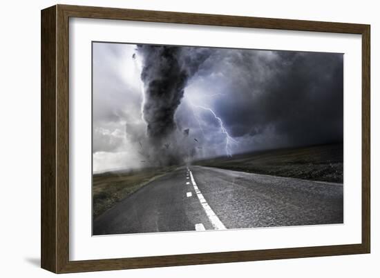 Powerful Tornado - Destroying Property with Lightning in the Background-Solarseven-Framed Art Print
