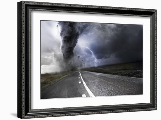 Powerful Tornado - Destroying Property with Lightning in the Background-Solarseven-Framed Art Print