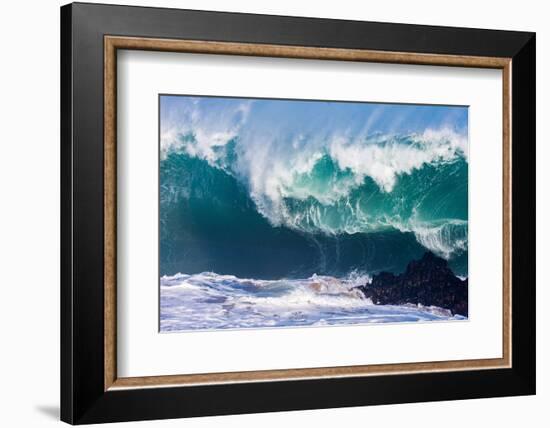 Powerful wave breaking off a beach, Hawaii-Mark A Johnson-Framed Premium Photographic Print