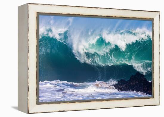 Powerful wave breaking off a beach, Hawaii-Mark A Johnson-Framed Premier Image Canvas