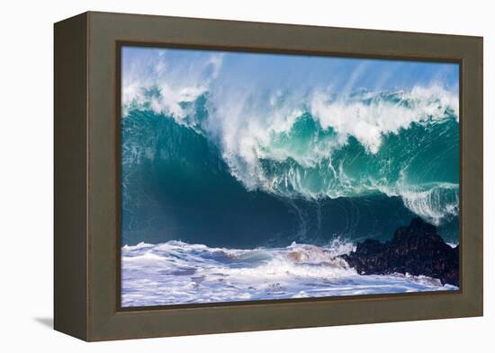Powerful wave breaking off a beach, Hawaii-Mark A Johnson-Framed Premier Image Canvas