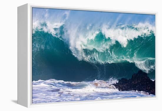 Powerful wave breaking off a beach, Hawaii-Mark A Johnson-Framed Premier Image Canvas