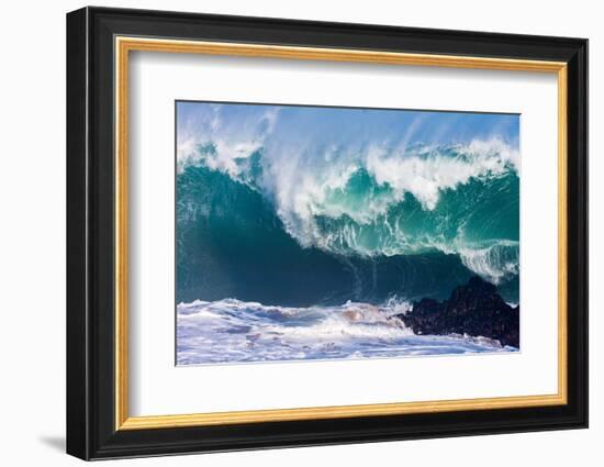 Powerful wave breaking off a beach, Hawaii-Mark A Johnson-Framed Photographic Print