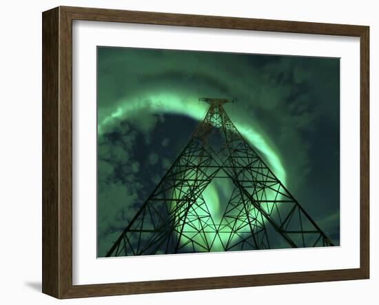 Powerlines And Aurora Borealis, Tjeldsundet, Norway-Stocktrek Images-Framed Photographic Print