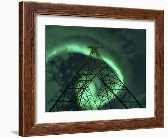 Powerlines And Aurora Borealis, Tjeldsundet, Norway-Stocktrek Images-Framed Photographic Print