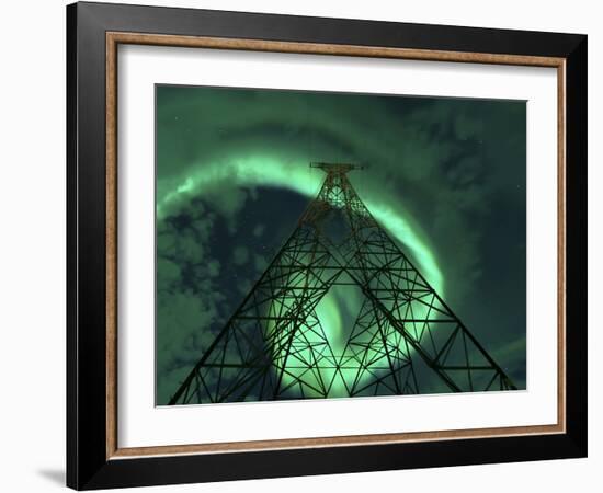 Powerlines And Aurora Borealis, Tjeldsundet, Norway-Stocktrek Images-Framed Photographic Print