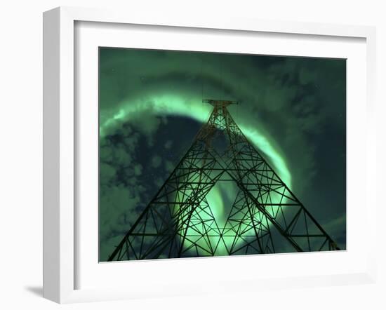 Powerlines And Aurora Borealis, Tjeldsundet, Norway-Stocktrek Images-Framed Photographic Print