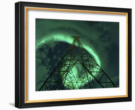 Powerlines And Aurora Borealis, Tjeldsundet, Norway-Stocktrek Images-Framed Photographic Print