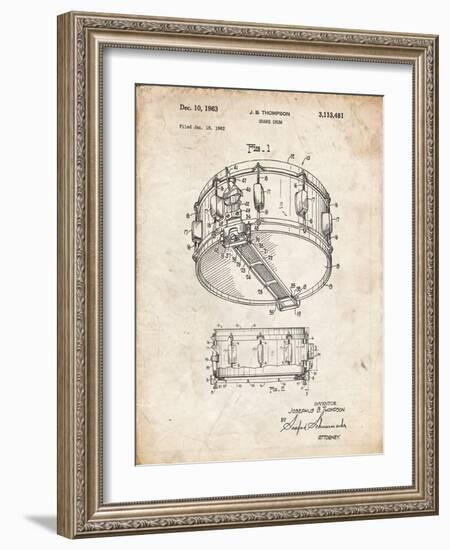 PP1018-Vintage Parchment Rogers Snare Drum Patent Poster-Cole Borders-Framed Giclee Print