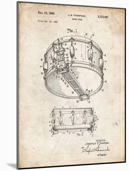 PP1018-Vintage Parchment Rogers Snare Drum Patent Poster-Cole Borders-Mounted Giclee Print