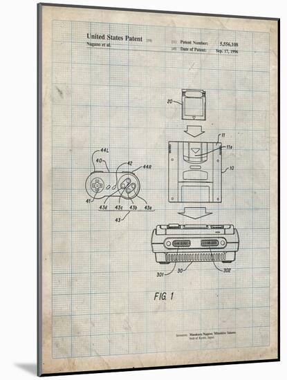 PP1072-Antique Grid Parchment Super Nintendo Console Remote and Cartridge Patent Poster-Cole Borders-Mounted Giclee Print