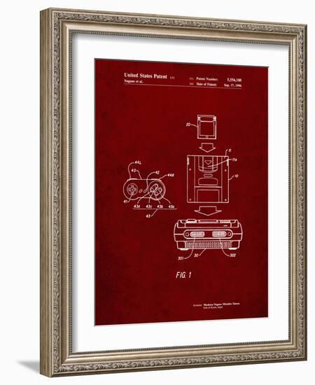 PP1072-Burgundy Super Nintendo Console Remote and Cartridge Patent Poster-Cole Borders-Framed Giclee Print