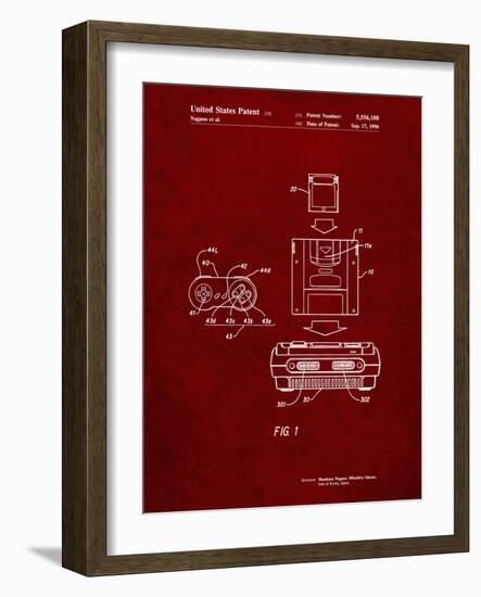 PP1072-Burgundy Super Nintendo Console Remote and Cartridge Patent Poster-Cole Borders-Framed Giclee Print