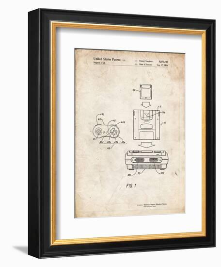 PP1072-Vintage Parchment Super Nintendo Console Remote and Cartridge Patent Poster-Cole Borders-Framed Premium Giclee Print