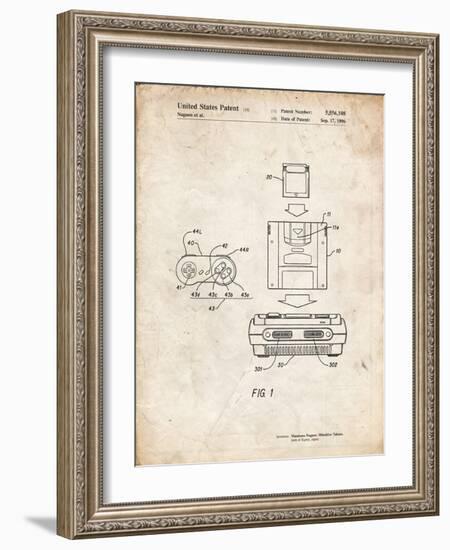 PP1072-Vintage Parchment Super Nintendo Console Remote and Cartridge Patent Poster-Cole Borders-Framed Giclee Print