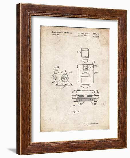 PP1072-Vintage Parchment Super Nintendo Console Remote and Cartridge Patent Poster-Cole Borders-Framed Giclee Print