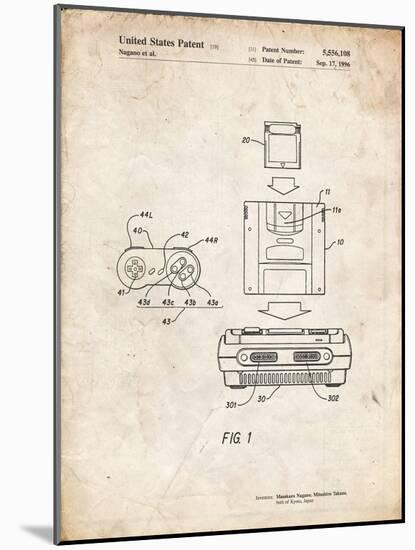 PP1072-Vintage Parchment Super Nintendo Console Remote and Cartridge Patent Poster-Cole Borders-Mounted Giclee Print