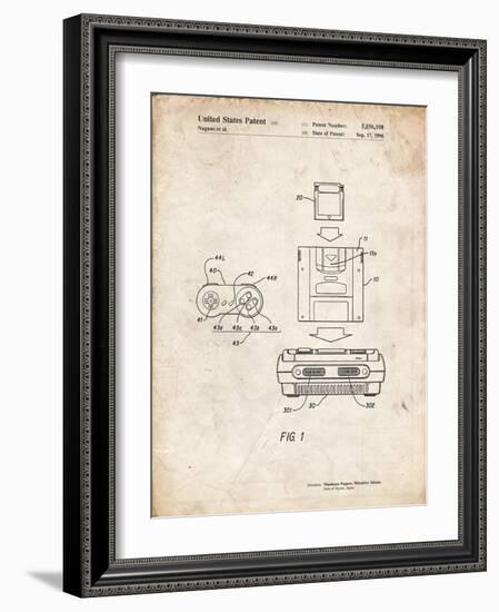 PP1072-Vintage Parchment Super Nintendo Console Remote and Cartridge Patent Poster-Cole Borders-Framed Giclee Print