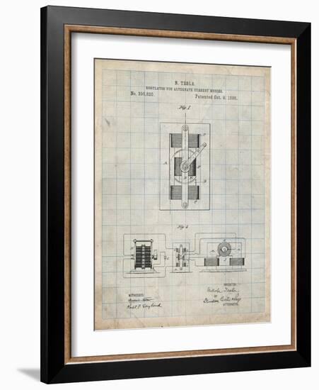 PP1095-Antique Grid Parchment Tesla Regulator for Alternate Current Motor Patent Poster-Cole Borders-Framed Giclee Print