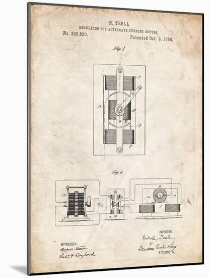 PP1095-Vintage Parchment Tesla Regulator for Alternate Current Motor Patent Poster-Cole Borders-Mounted Giclee Print