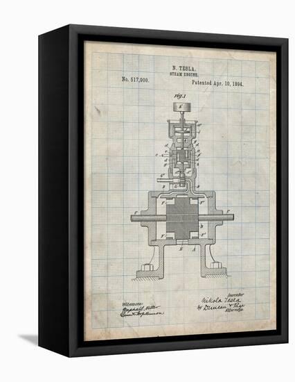 PP1096-Antique Grid Parchment Tesla Steam Engine Patent Poster-Cole Borders-Framed Premier Image Canvas