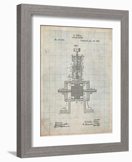 PP1096-Antique Grid Parchment Tesla Steam Engine Patent Poster-Cole Borders-Framed Giclee Print