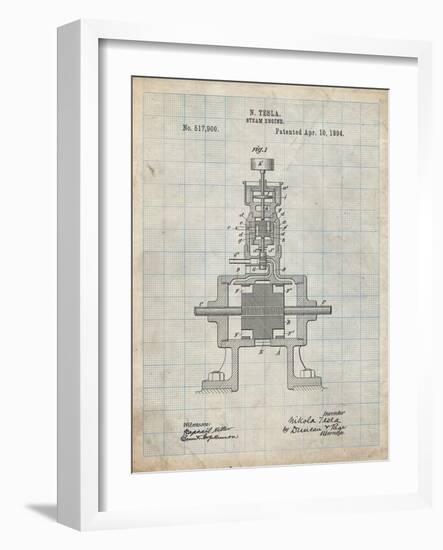 PP1096-Antique Grid Parchment Tesla Steam Engine Patent Poster-Cole Borders-Framed Giclee Print