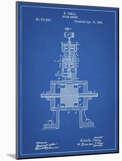 PP1096-Blueprint Tesla Steam Engine Patent Poster-Cole Borders-Mounted Giclee Print