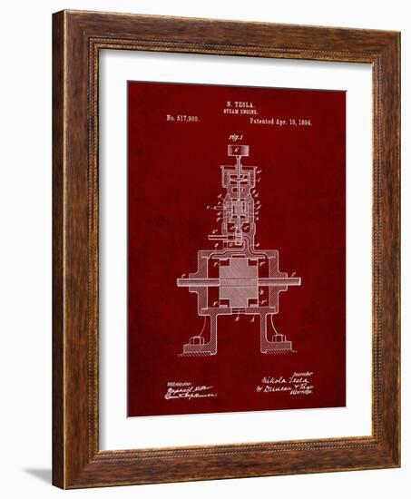 PP1096-Burgundy Tesla Steam Engine Patent Poster-Cole Borders-Framed Giclee Print