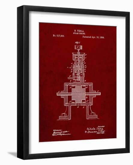 PP1096-Burgundy Tesla Steam Engine Patent Poster-Cole Borders-Framed Giclee Print