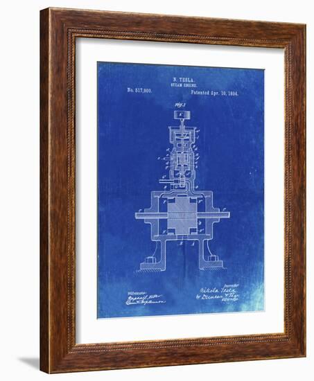 PP1096-Faded Blueprint Tesla Steam Engine Patent Poster-Cole Borders-Framed Giclee Print